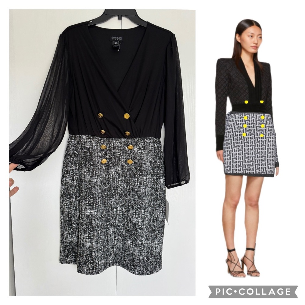 🎄🎁 Gorgeous A line Dress with 8 golden B buttons Shear long sleeves black large